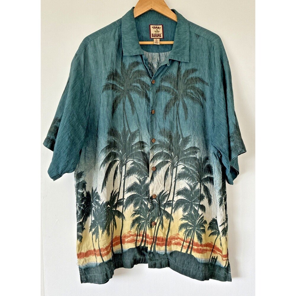Vintage Tommy Bahama Shirt Men XL Green Hawaiian Silk Linen Blend Loop Collar